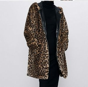 NWT Zara Cheetah Print Faux Fur Coat XL